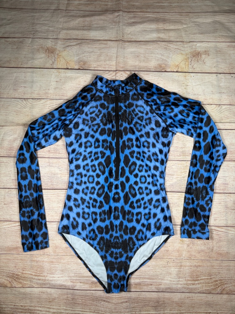 NWT Blue Leopard Print Long-Sleeve One-Piece Swimsuit with Front Zip